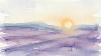 Watercolor landscape painting with purple mountains and golden sunrise creating serene atmospheric mood for wall art and home decor projects.