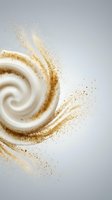 Creamy white swirl with golden powder explosion creating dynamic motion on neutral background for cosmetic and beauty product design applications.