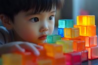Asian toddler looking at colorful translucent building blocks illuminated with soft light, creating vibrant rainbow pattern in educational setting.