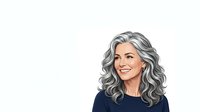Mature woman with long gray wavy hair and warm smile wearing dark navy top, isolated on white background for portrait use, headshot, or professional applications.