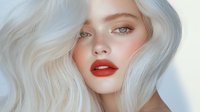 Young woman with platinum blonde wavy hair, bright red lipstick and natural makeup poses against white background. Professional beauty portrait highlighting modern makeup trends.