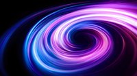 Glowing neon spiral swirl with vibrant pink and blue light trails against black background creates dynamic motion effect for abstract design projects.