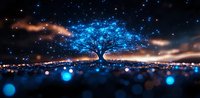 Magical glowing tree silhouette against starry night sky with blue luminescent lights and bokeh effect creating dreamy atmospheric landscape at dusk.