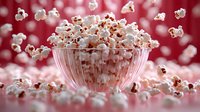 Fresh popped popcorn overflowing from glass bowl with kernels scattered around on pink background for snack and entertainment themes.