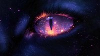 Mystical dragon eye with cosmic galaxy reflection, glowing with purple and orange hues against starry dark background, fantasy art concept for book covers.