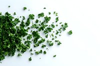 Fresh green parsley leaves scattered on white background, organic herbs pattern with copy space for food styling and healthy cooking concepts.