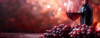 Red wine glass and bottle with fresh ripe grapes on rustic wooden table against blurred burgundy background with bokeh lights, romantic atmosphere.