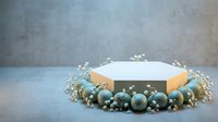 White hexagonal podium surrounded by blue Christmas ornaments and silver decorations on textured background for holiday product display and seasonal marketing.