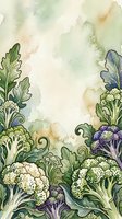 Watercolor illustration of fresh cauliflower and broccoli with ornamental leaves on soft cream background, ideal for culinary, organic food, and recipe design projects.