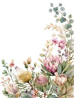 Delicate watercolor arrangement of protea flowers, eucalyptus leaves and wildflowers in soft pink and sage green tones on white background, ready for design use.