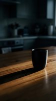 Black mug on wooden kitchen counter with blurred modern kitchen background, morning light casting shadows, suitable for beverage, lifestyle and home decor projects.