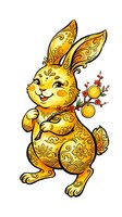 Golden rabbit holding festive ornaments with decorative floral patterns, isolated on white background. Cheerful character design suitable for holiday graphics, greeting cards, and seasonal marketing materials.