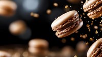 Chocolate macarons with scattered crumbs floating in dark space, dramatic food photography with shallow depth of field and moody lighting for pastry advertising.