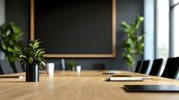 Modern conference room with wooden table, black wall, and potted plants. Natural light illuminates minimalist business space for meetings.
