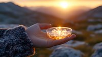 Hand holding glass bowl reflects golden sunset light against mountain silhouette backdrop, creating magical atmospheric moment in nature. Mindfulness concept.