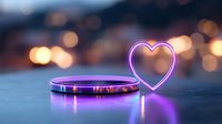 Glowing neon heart and round platform with purple light on dark surface against blurred bokeh background, romantic futuristic concept for valentines design.