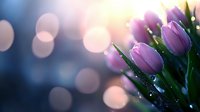 Purple tulips with water drops in soft morning light creating dreamy bokeh background for spring celebrations and romantic occasions.