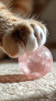 Close-up of cat paw touching pink glittery ball on soft carpet, creating tender moment with delicate lighting and shallow depth of field for pet photography.