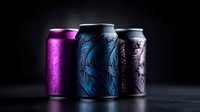 Stylish aluminum beverage cans with modern feather pattern design in purple, blue and black colors on dark background. Minimalist product photography.