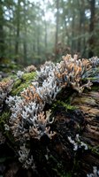 Coral fungi growing on moss-covered fallen log in forest ecosystem with natural woodland background for environmental and nature concepts.