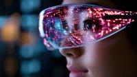 Futuristic augmented reality glasses with pink and blue neon reflections on dark background showing digital interface and virtual technology concept.