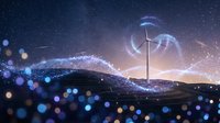 Wind turbine glowing with digital energy waves under a starry night sky, symbolizing clean renewable power and sustainable technology innovation.
