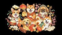 Festive dogs in traditional Asian attire surrounded by lanterns, coins, flowers and decorative elements, isolated on transparent background. Ready for t-shirt design, clipart, stickers, print-on-demand products and sublimation projects.