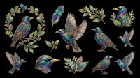Colorful iridescent birds with foliage elements isolated on transparent background. Ready for t-shirt design, clipart, stickers, sublimation, and print-on-demand projects.