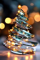 Modern spiral glass Christmas tree with glowing golden lights and bokeh effect against blurred background, creating magical holiday atmosphere.