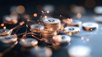 Stacked cryptocurrency coins connected by glowing network lines on dark background with bokeh lights, representing digital finance and blockchain technology.