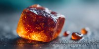 Amber gemstone with golden honey color and natural inclusions on textured surface. Raw mineral specimen for jewelry making and geological collection purposes.
