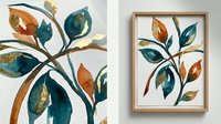 Abstract botanical artwork featuring stylized leaves in teal, orange and gold tones on white background, isolated for modern home decor and wall art designs.