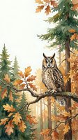 Watercolor owl perched on branch in autumn forest with golden leaves and evergreen trees for nature and wildlife themed designs.