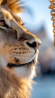 Close-up profile of majestic lioness face with golden sunlight illuminating whiskers and fur details against soft blurred background for wildlife photography.