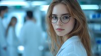 Young Caucasian female scientist wearing glasses and lab coat in modern research laboratory with blurred colleagues in background. Professional medical research setting.