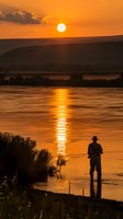 Fisherman standing in shallow water at golden sunset, casting line into river with sun reflecting on water surface and hills in background.