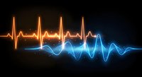 Digital heartbeat pulse transforming into sound waves with orange and blue neon glow on black background for medical technology designs.