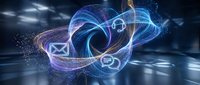 Digital communication network with glowing email icons and data streams in futuristic cyber space for technology and connectivity concepts.