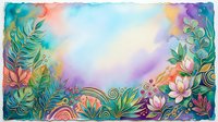 Colorful watercolor floral frame with tropical leaves and lotus flowers on pastel background, copy space for text or design.