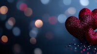 Red glittery hearts against dark blue bokeh background with soft focus light effects, creating romantic Valentine's Day mood and festive atmosphere.