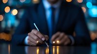 Professional businessman signing document at night office with bokeh lights background, dark moody atmosphere creates dramatic corporate setting.