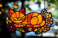 Stained glass sleeping cat suncatcher with orange and yellow tones, surrounded by colorful flowers and leaves, backlit against blurred natural background.