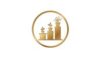 Golden growth chart with plants sprouting from ascending bars in circular frame symbolizing business development and organic progress.