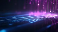 Futuristic digital landscape with glowing pink and blue light streams flowing across dark background, creating dynamic technology visualization effect.