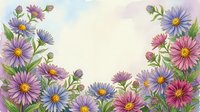 Watercolor aster flowers in pink, purple, and blue shades forming a floral border with copy space for greeting cards and invitations.