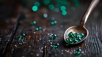 Small emerald green crystals scattered on vintage silver spoon against dark wooden background with magical bokeh lights and shallow depth of field.