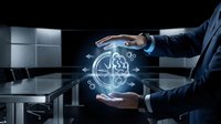 Businessman hands protecting glowing nuclear atom symbol with digital interface elements in modern office environment for technology presentations.