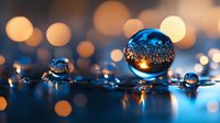 Macro photography of water drops reflecting city lights against dark background with blue and orange bokeh effects creating magical atmosphere.