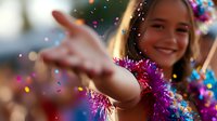 Young woman celebrating with colorful confetti and sparkles flying around her, reaching hand toward camera with joyful expression for party concepts.
