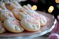 Easter bunny sugar cookies decorated with white icing and pink pearl sprinkles on pink plate. Festive holiday baking with soft bokeh lights in background.